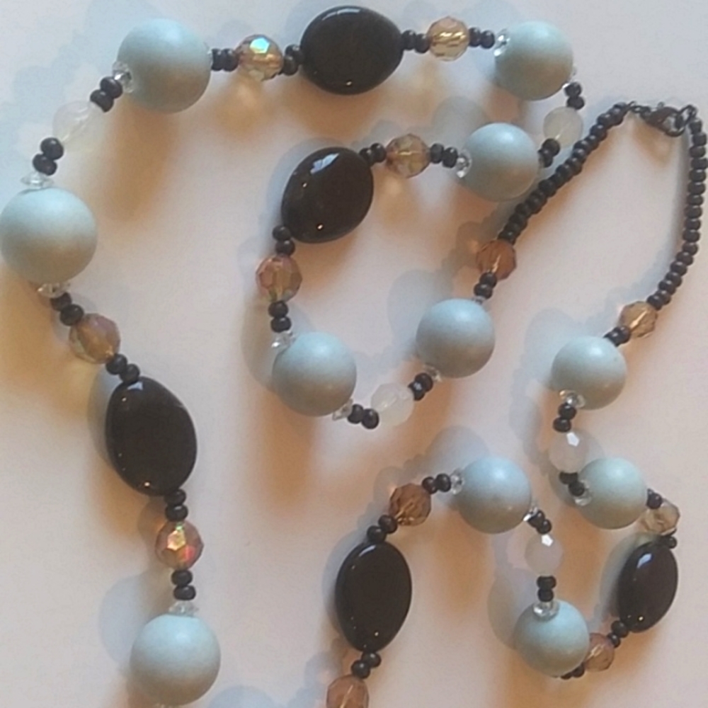 Long 35" Necklace | Brown Organic Oval Beads, Aqua Round Beads, Crystal Beads